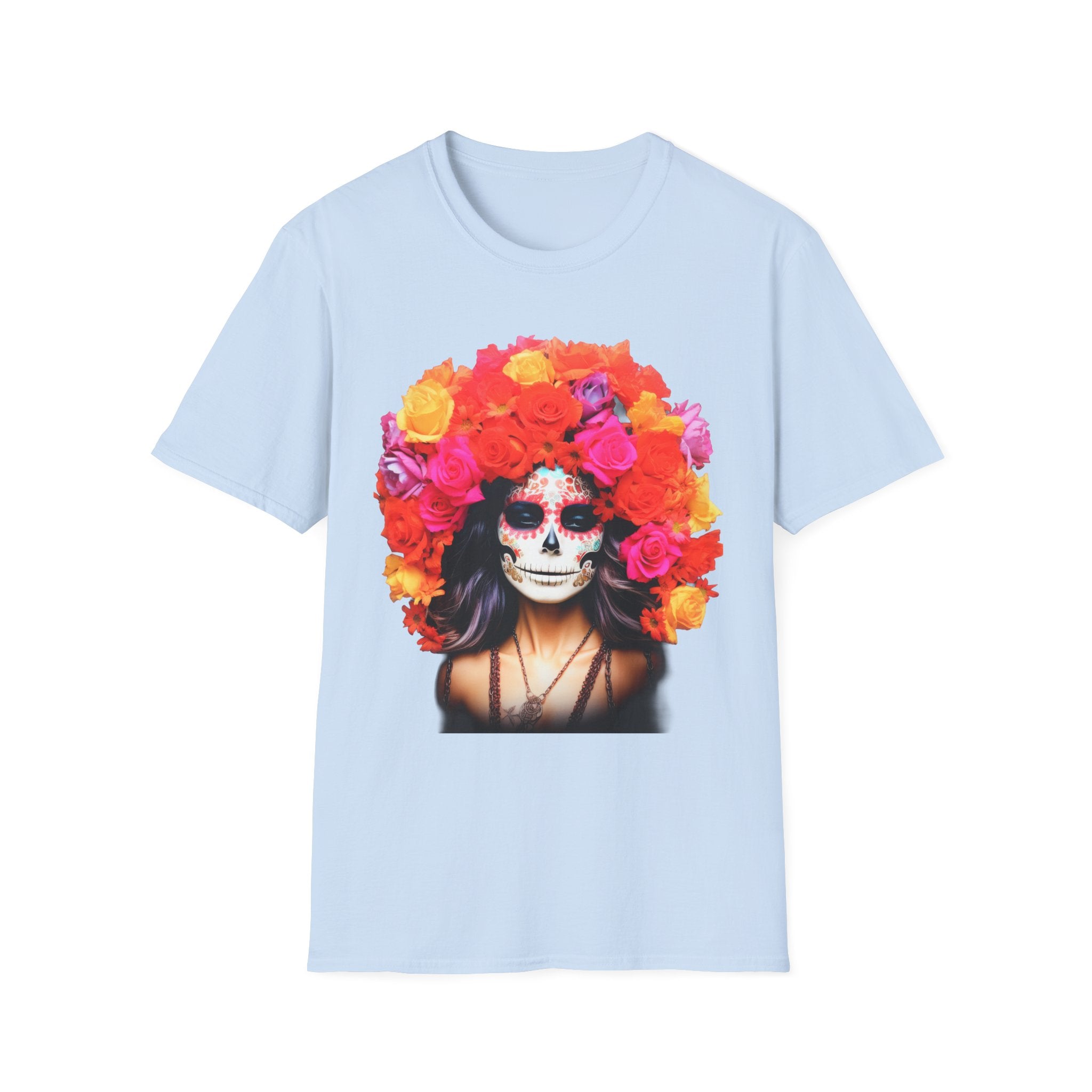 Day of the Dead Sugar Skull Woman T-Shirt — Floral Calavera Tee for Día de los Muertos