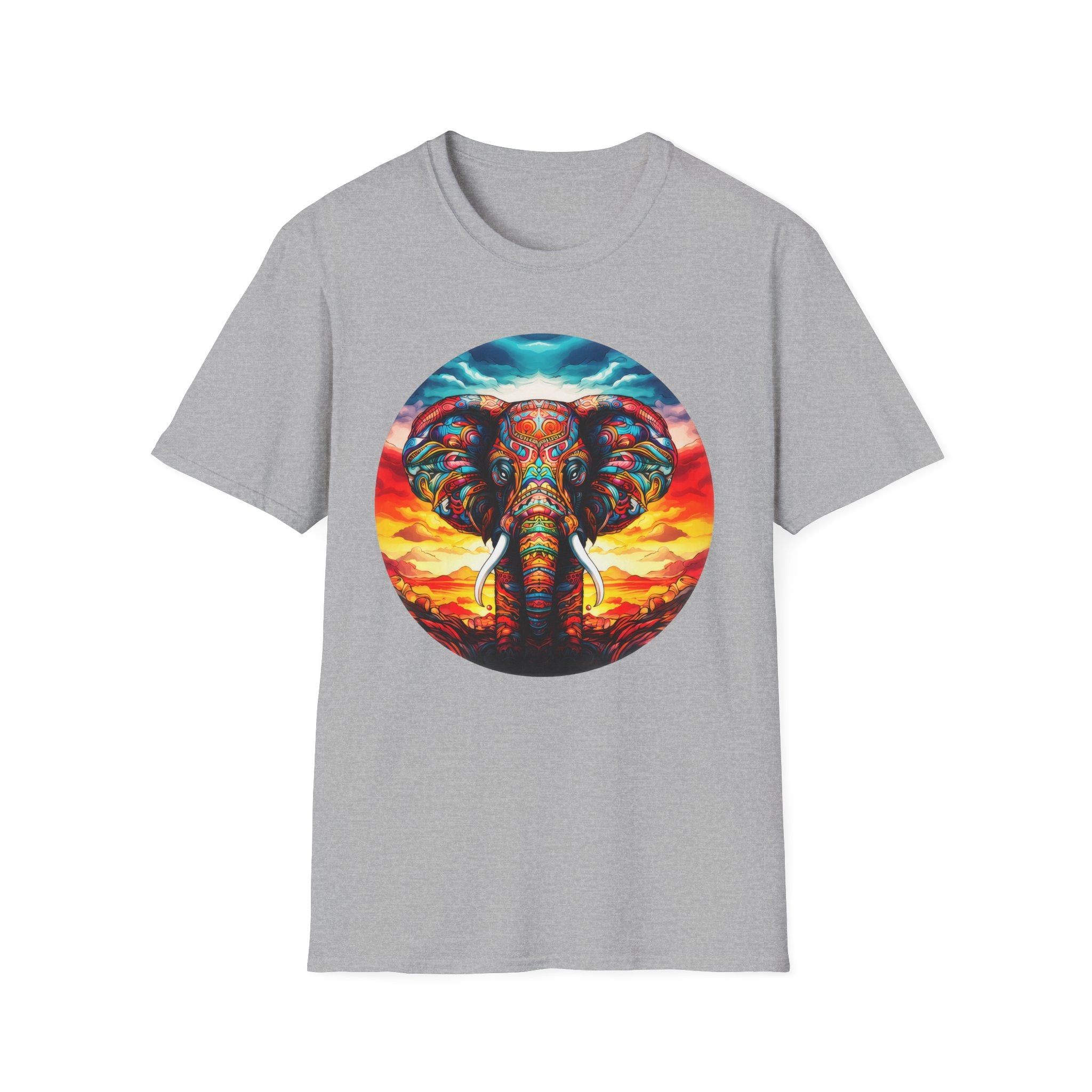 Colorful Elephant Graphic T‑Shirt — Vibrant Sunset Mandala Design