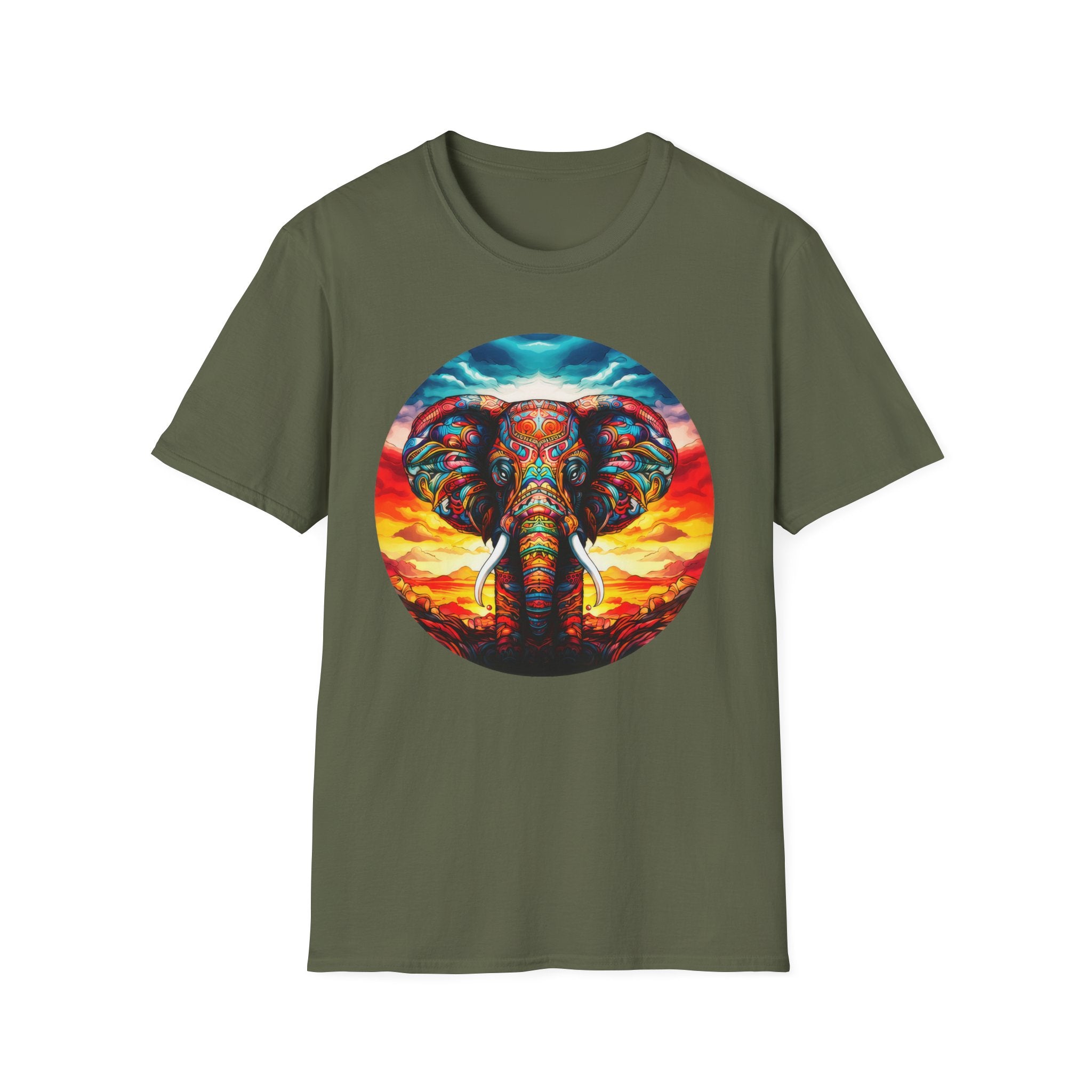 Colorful Elephant Graphic T‑Shirt — Vibrant Sunset Mandala Design