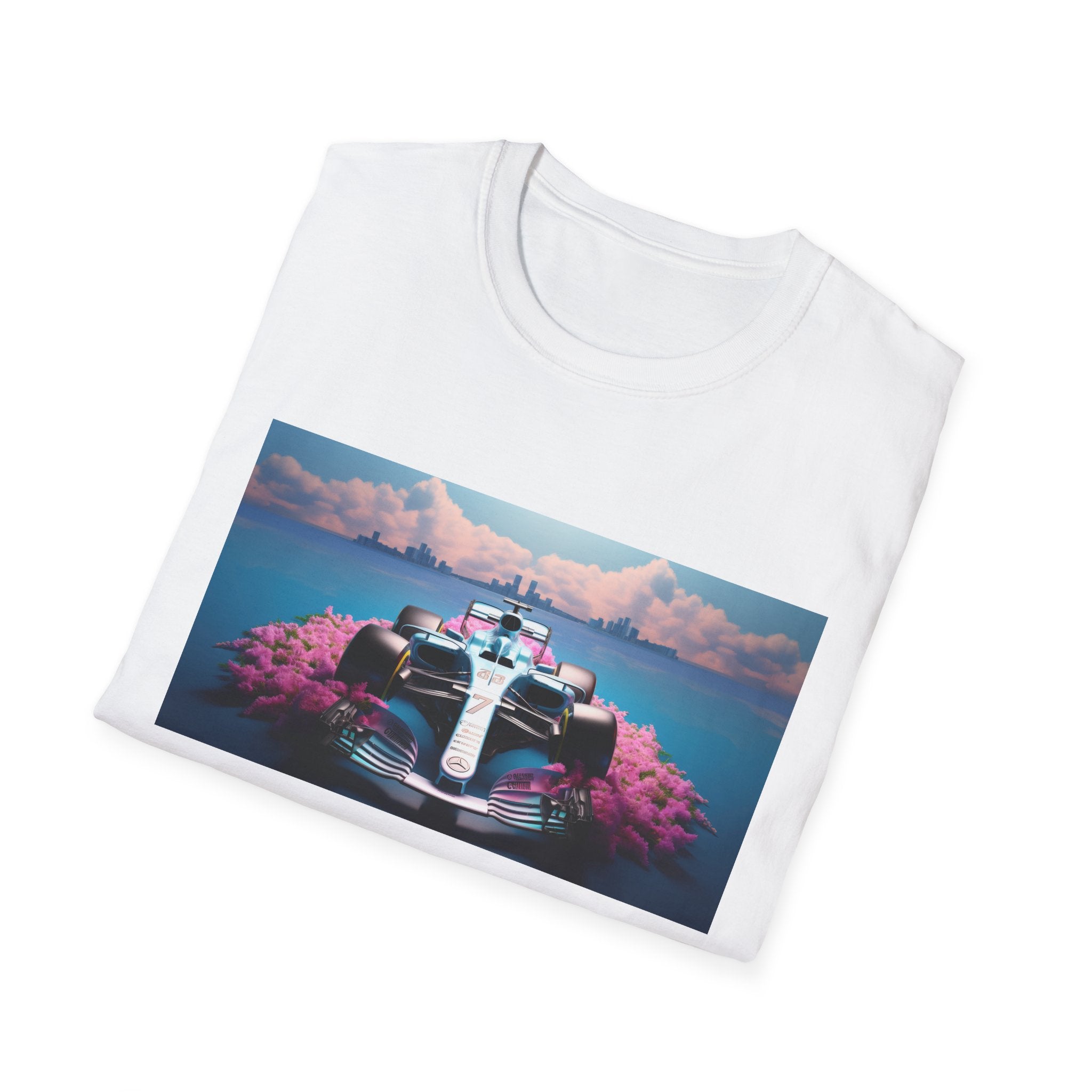 Racing Dreamscape T-Shirt — Vintage Formula Car with Cherry Blossom Track