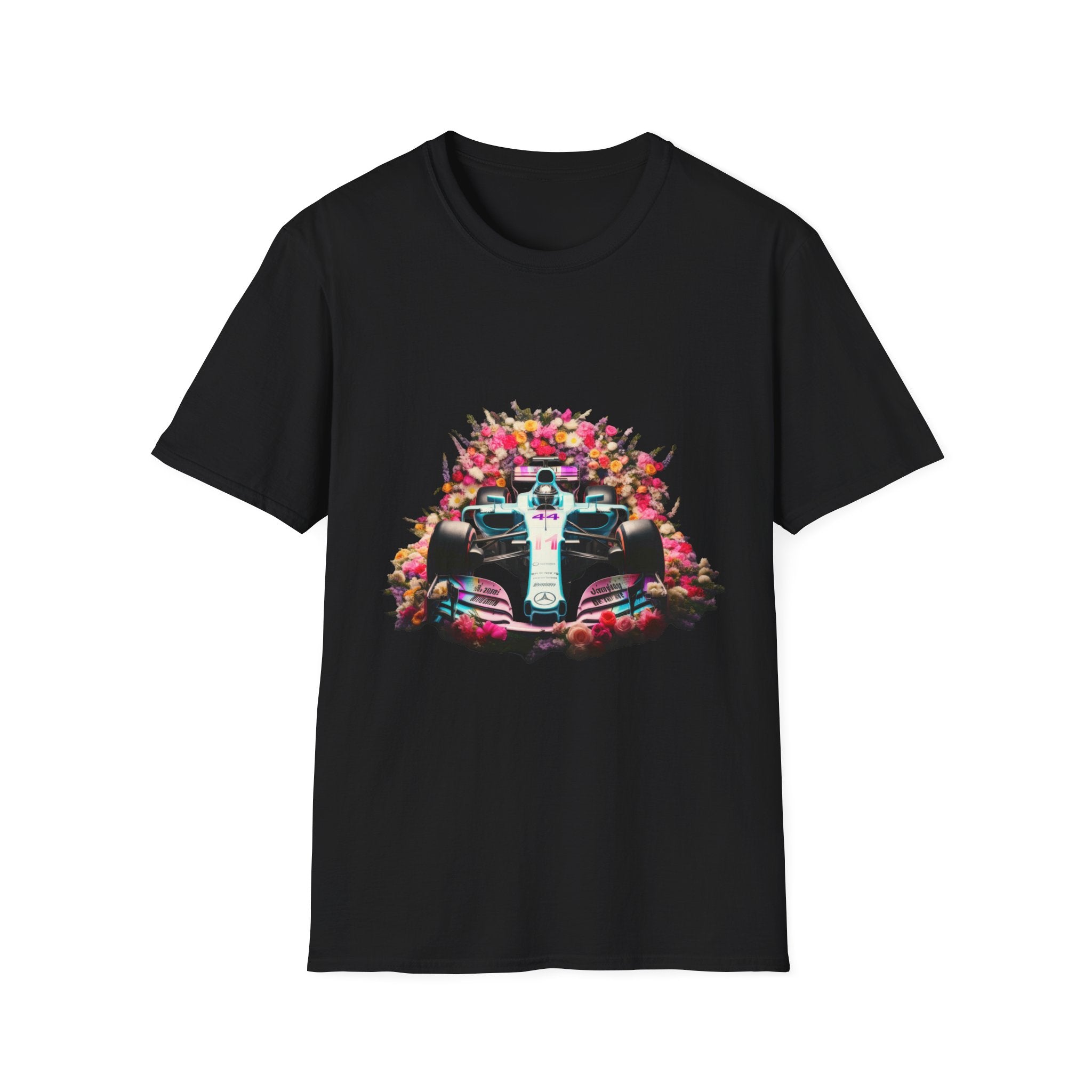 Racing Floral T‑Shirt — Colorful Formula Car Graphic Tee
