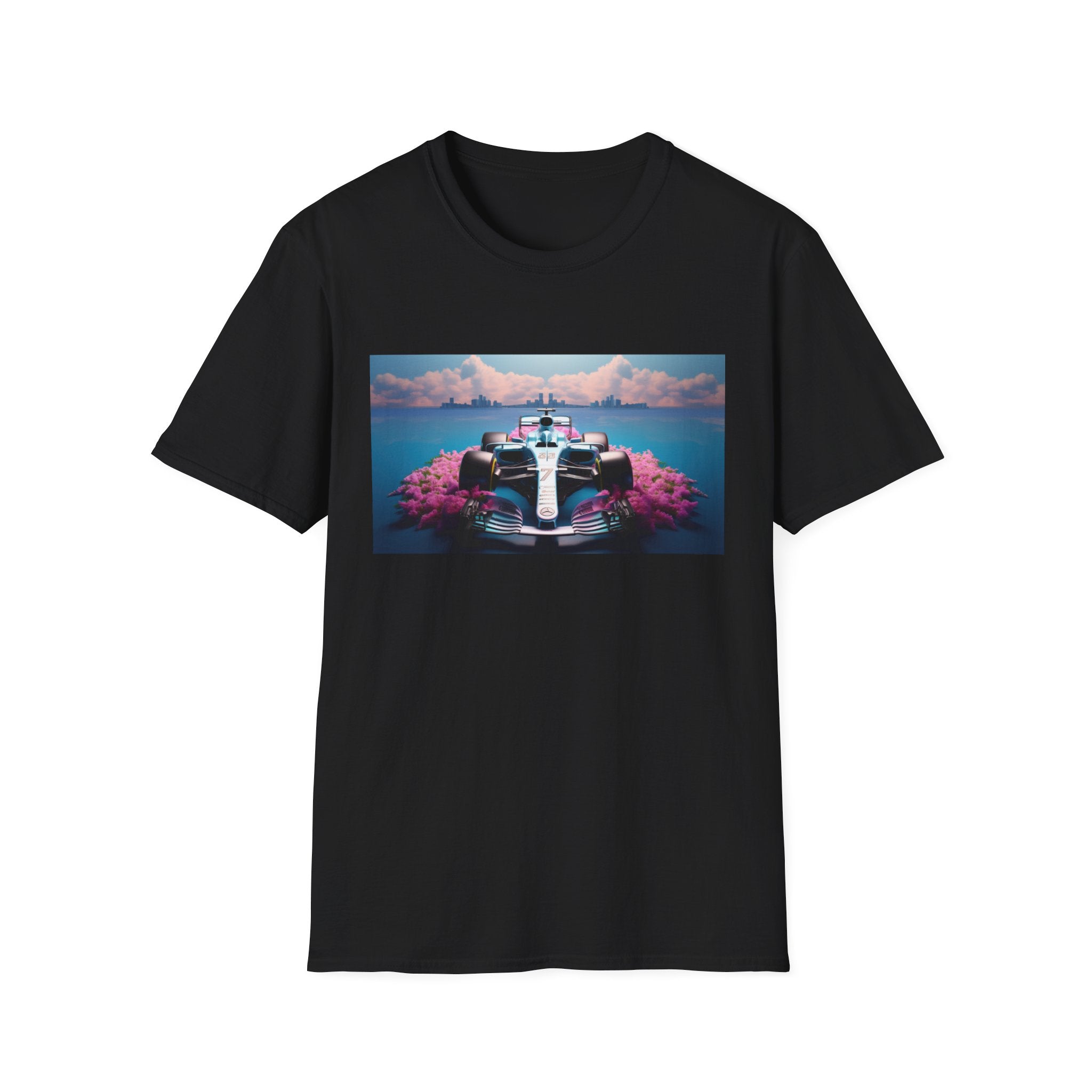 Racing Dreamscape T-Shirt — Vintage Formula Car with Cherry Blossom Track