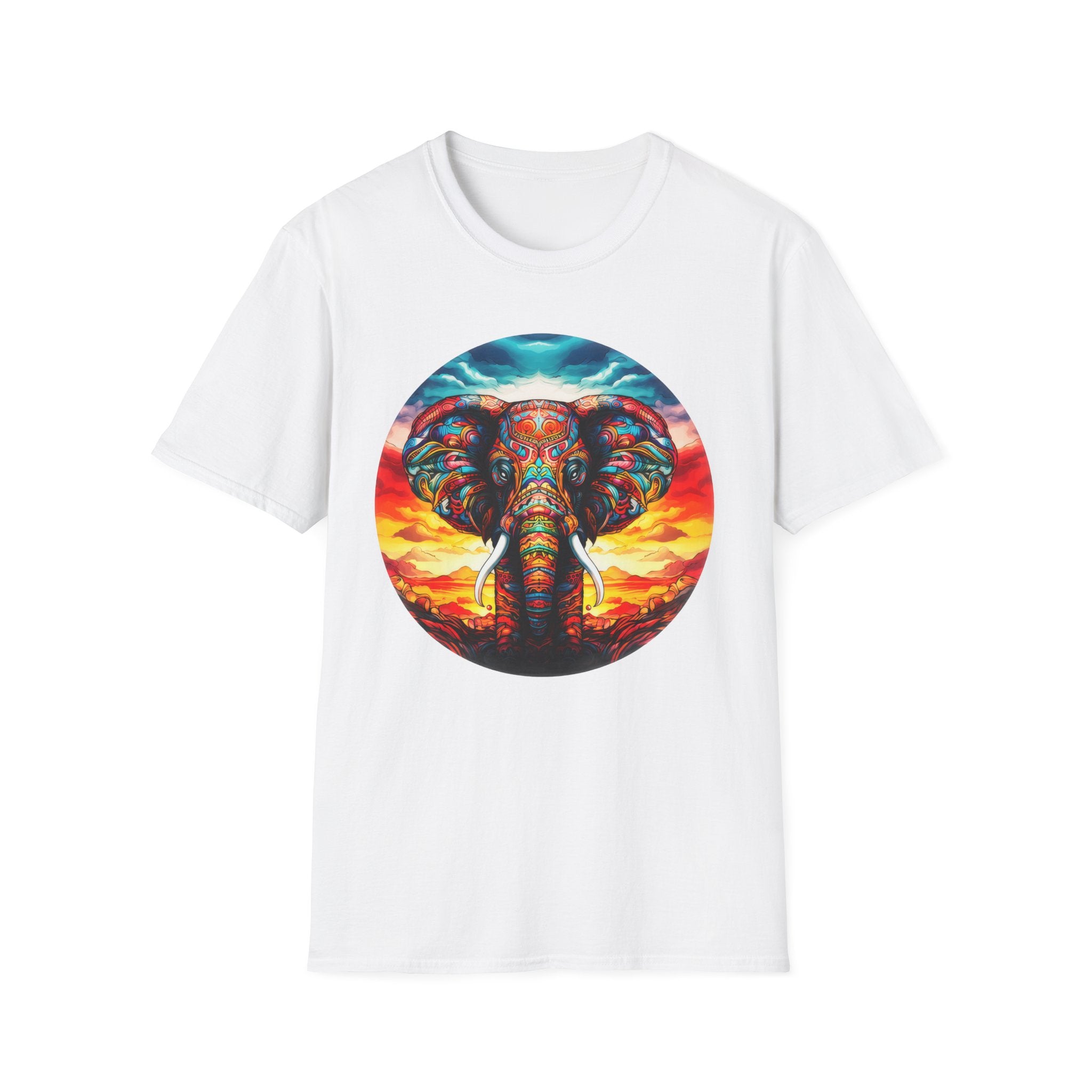 Colorful Elephant Graphic T‑Shirt — Vibrant Sunset Mandala Design