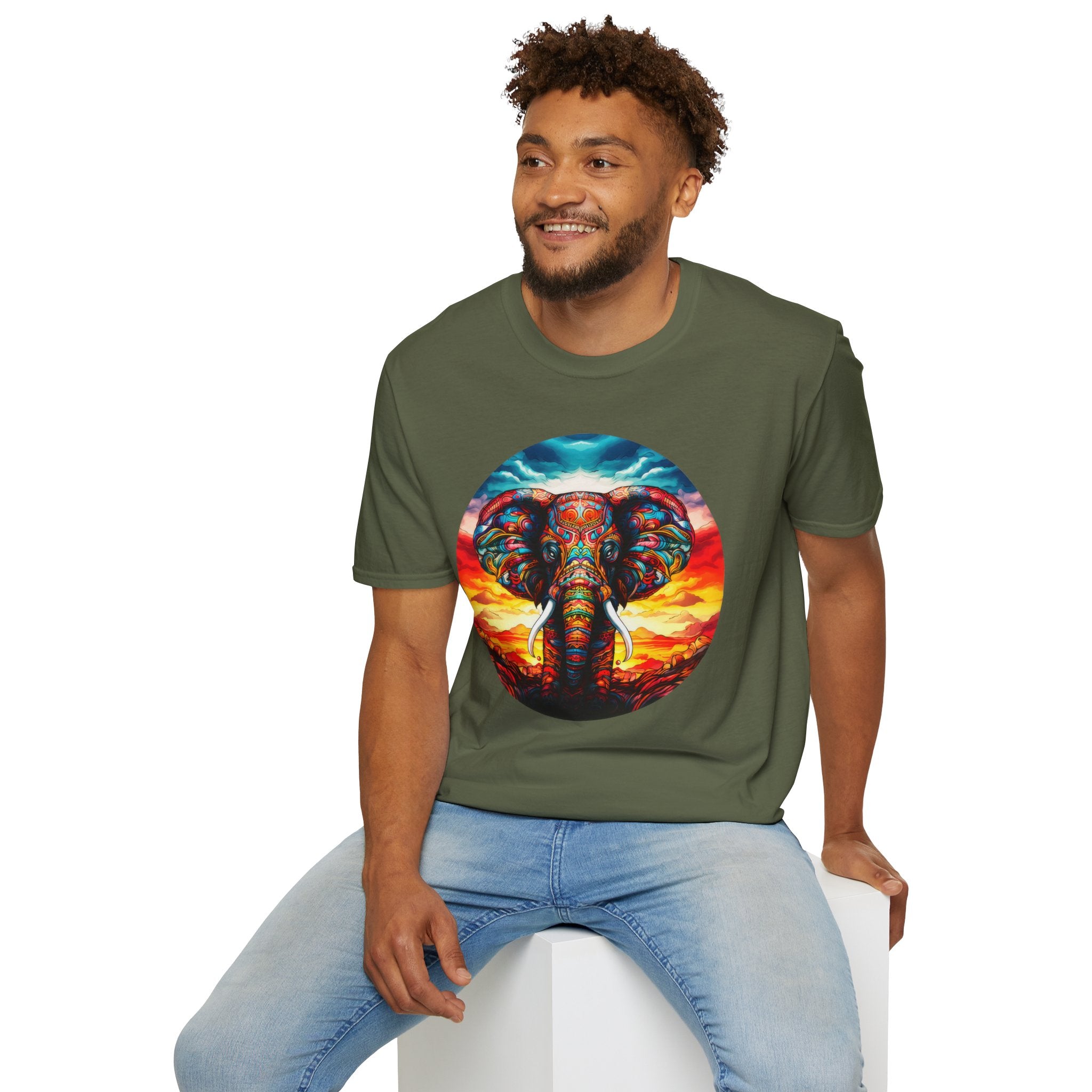 Colorful Elephant Graphic T‑Shirt — Vibrant Sunset Mandala Design