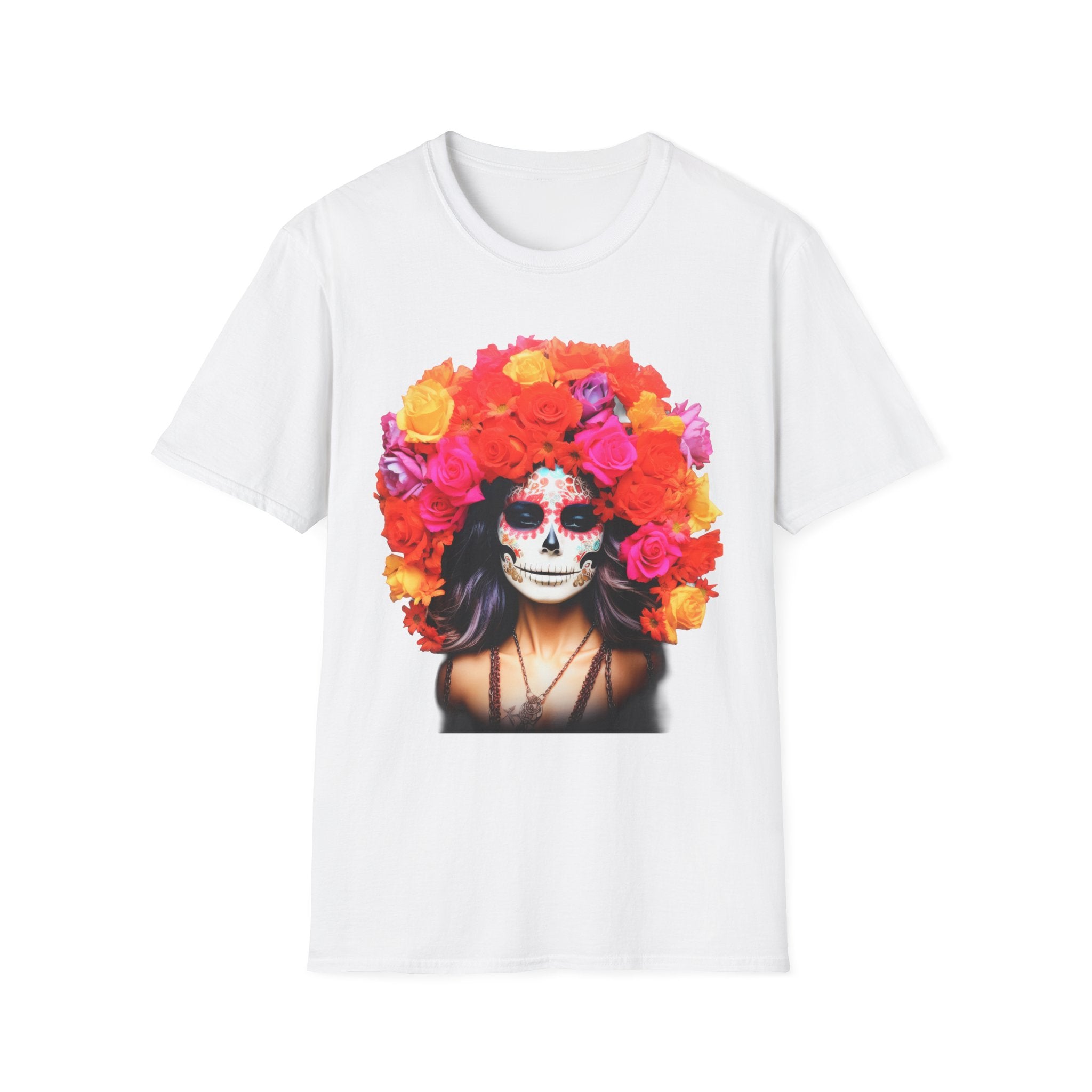 Day of the Dead Sugar Skull Woman T-Shirt — Floral Calavera Tee for Día de los Muertos