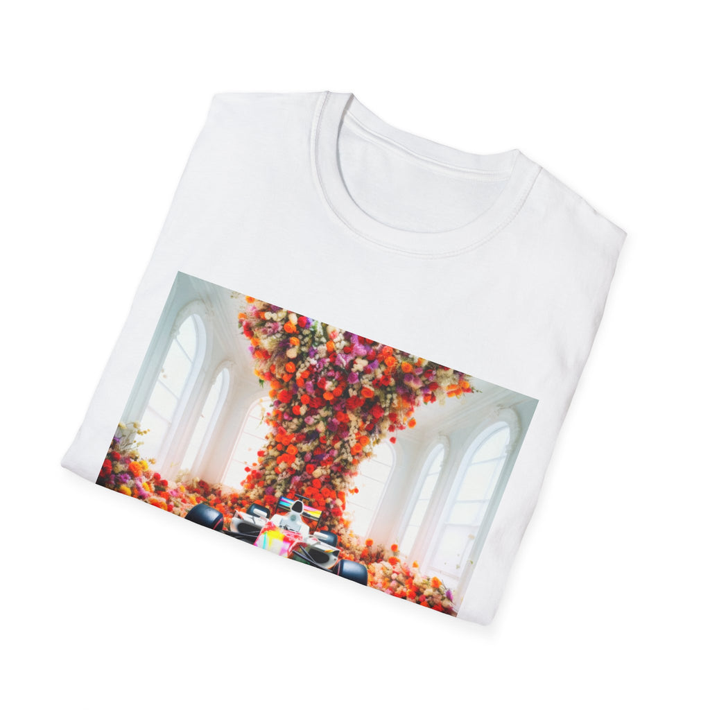 Racing Car Art T-Shirt — Colorful Grand Prix Print with Floral Motion