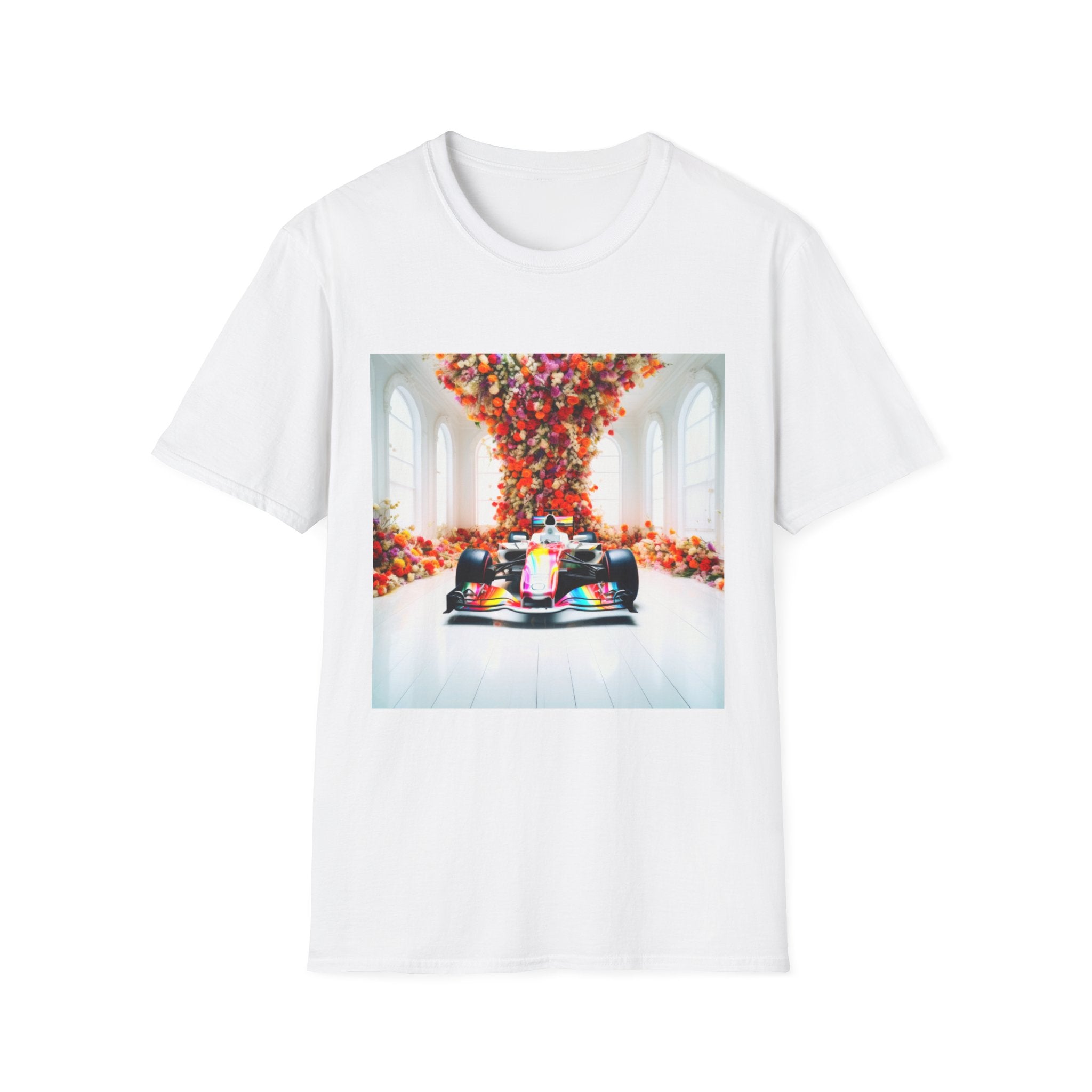 Racing Car Art T-Shirt — Colorful Grand Prix Print with Floral Motion