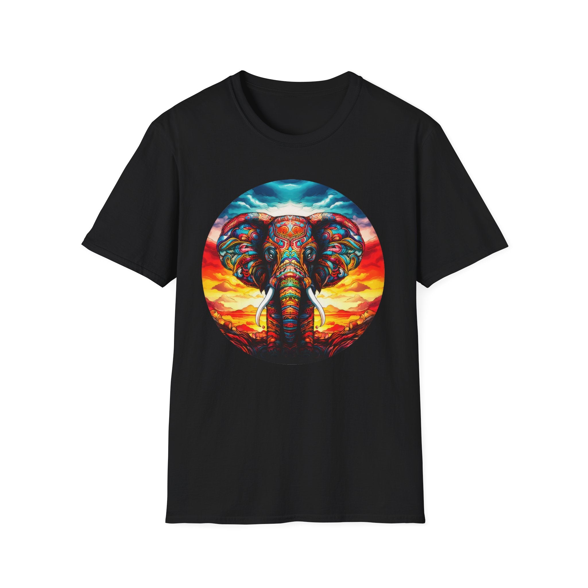 Colorful Elephant Graphic T‑Shirt — Vibrant Sunset Mandala Design