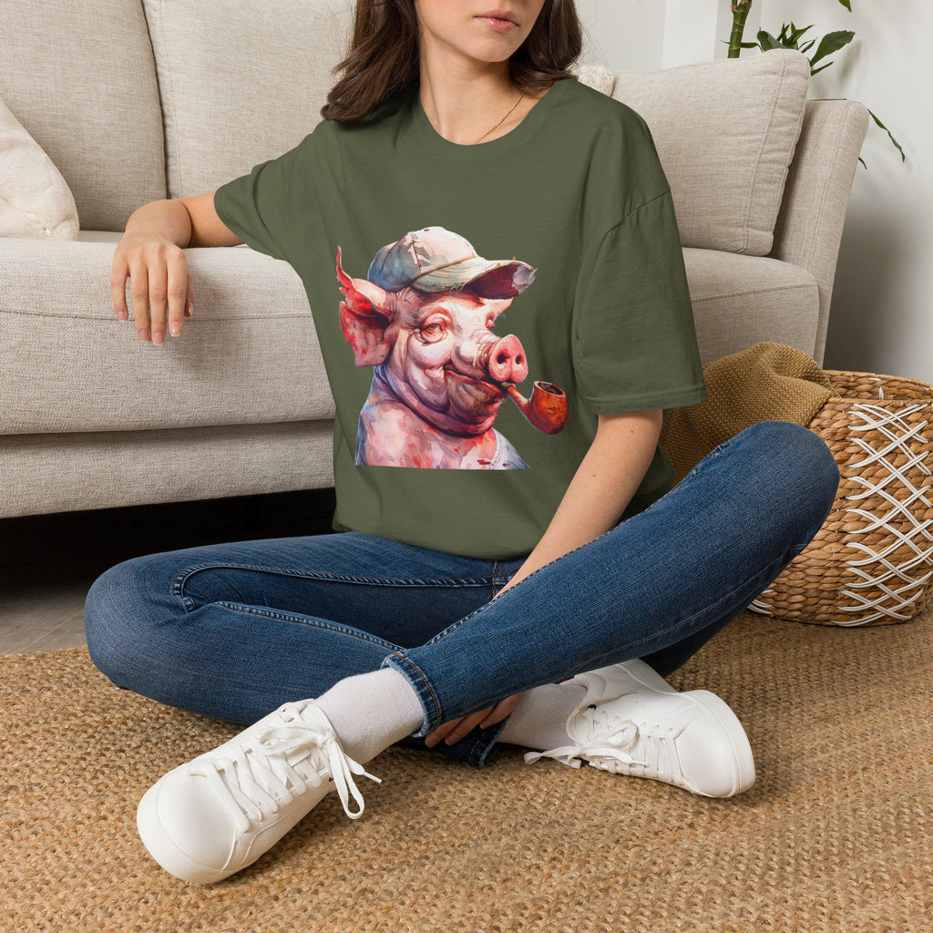 Pig With Cap T-Shirt — Whimsical Smoking Pig Graphic Tee