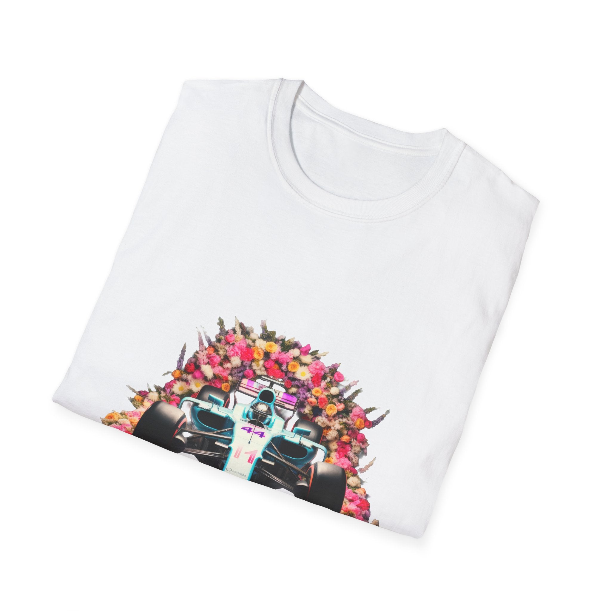 Racing Floral T‑Shirt — Colorful Formula Car Graphic Tee