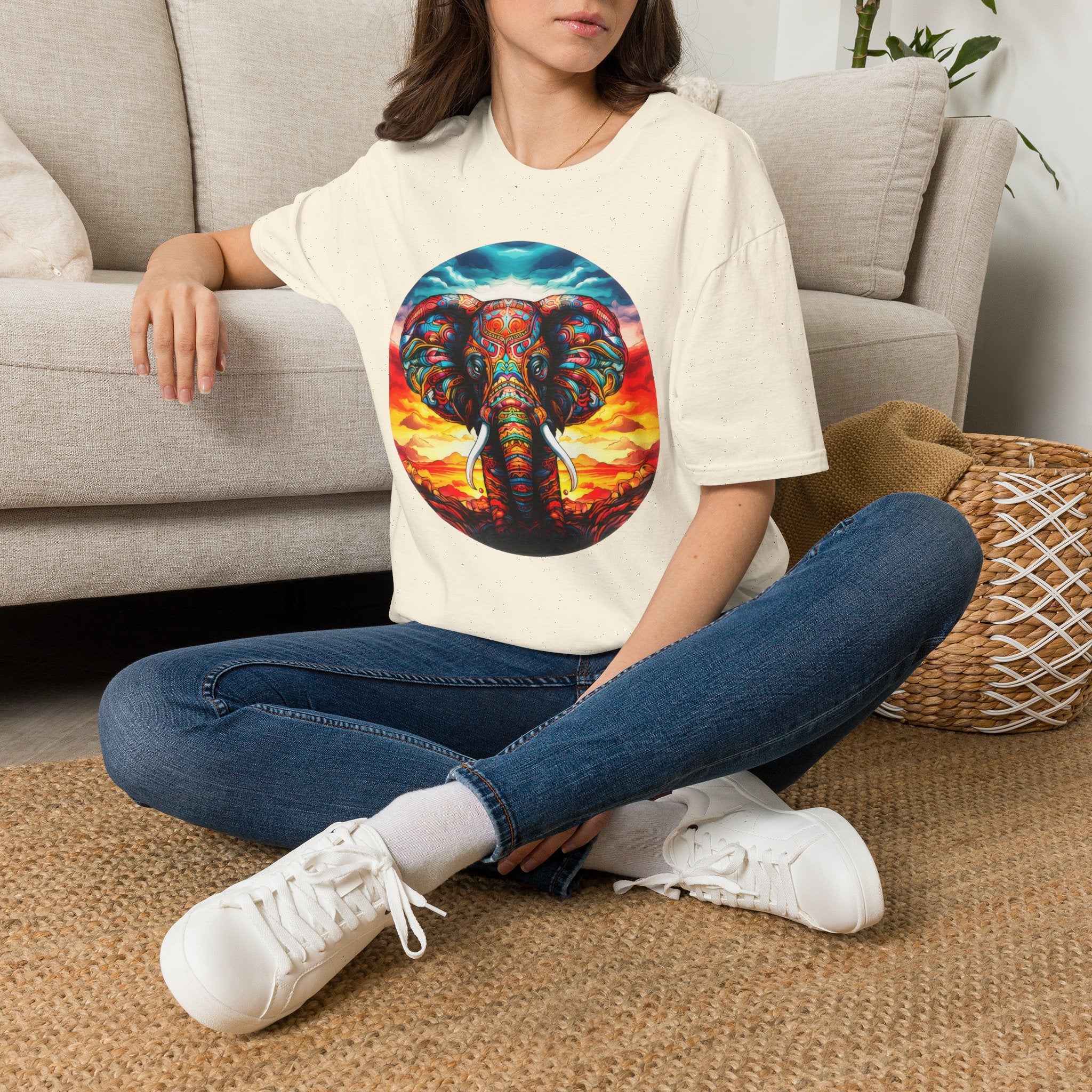 Colorful Elephant Graphic T‑Shirt — Vibrant Sunset Mandala Design