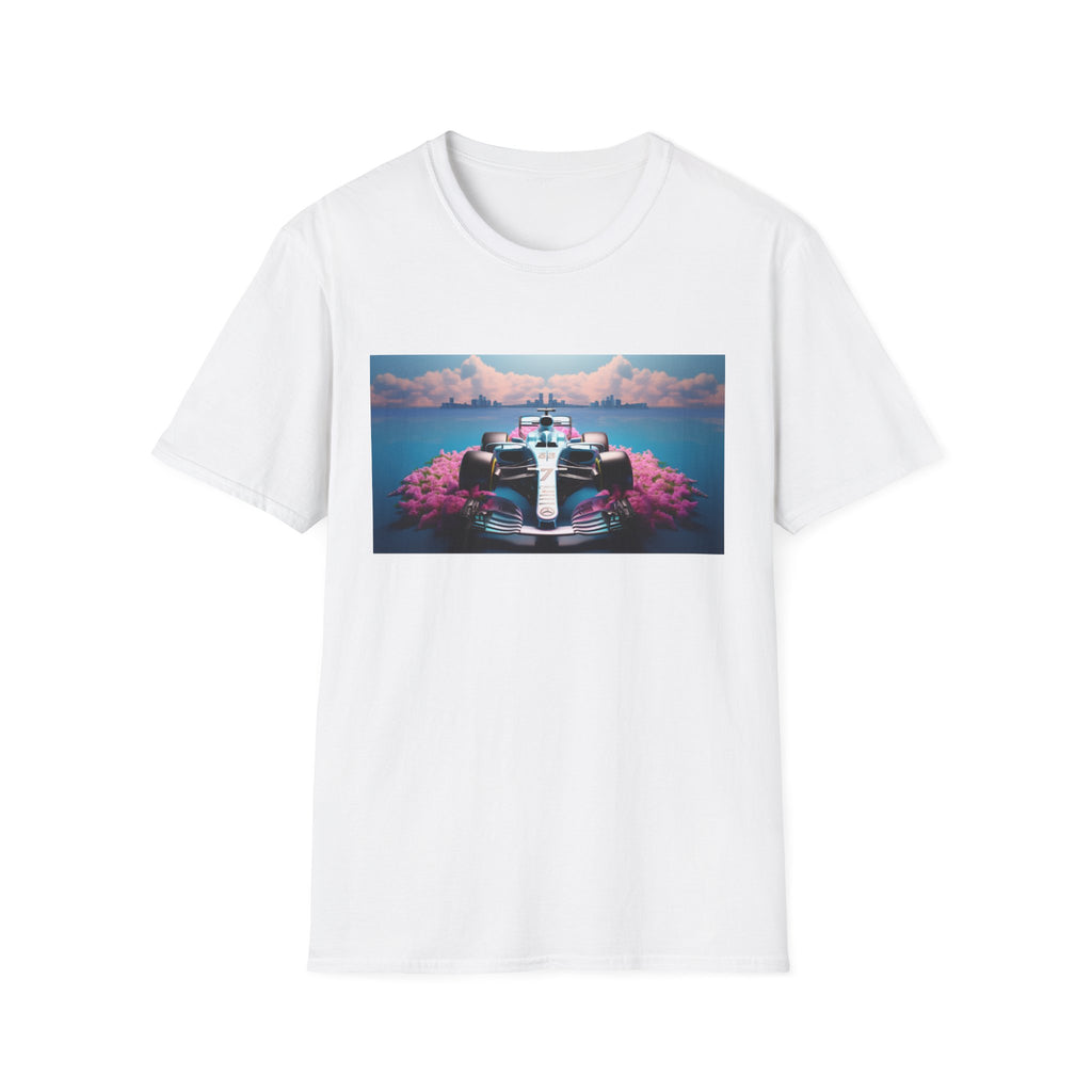 Racing Dreamscape T-Shirt — Vintage Formula Car with Cherry Blossom Track