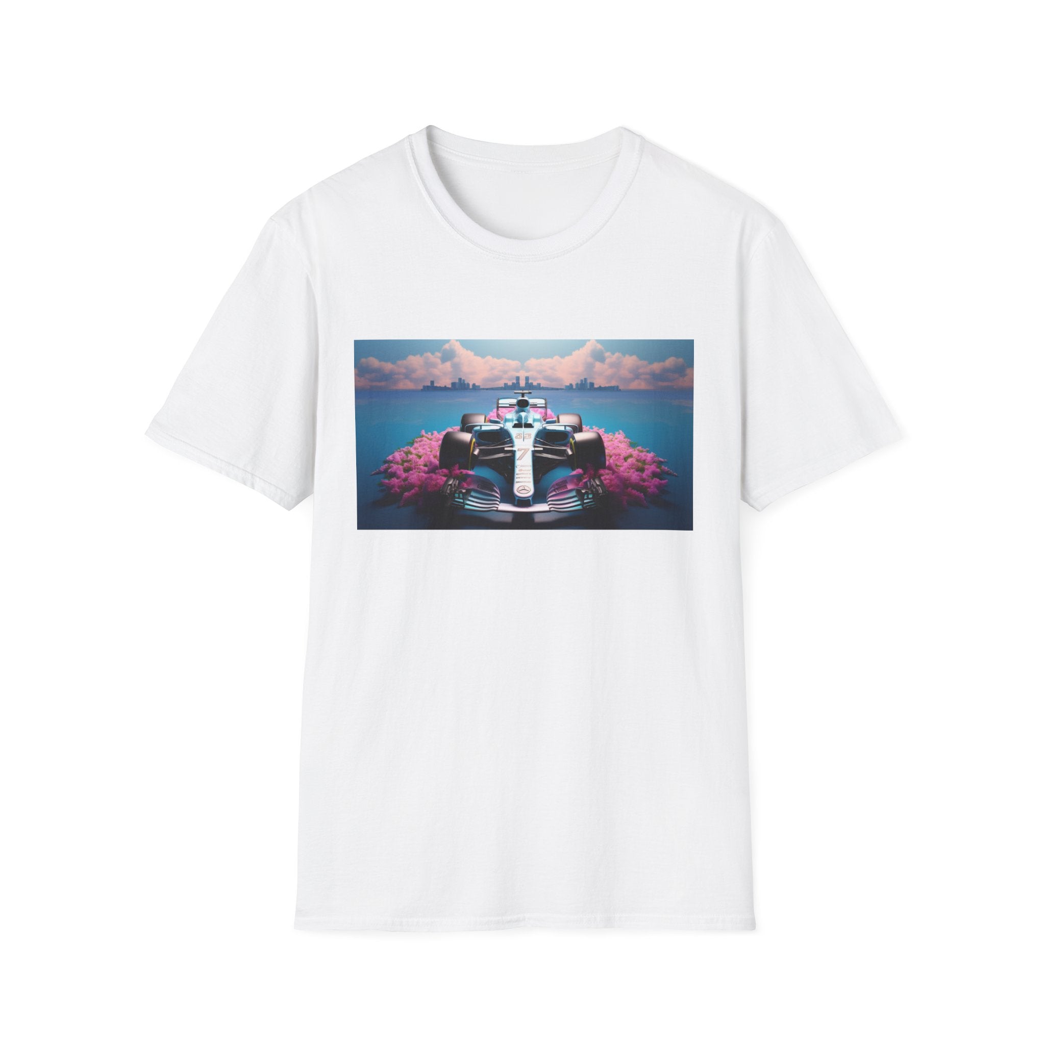 Racing Dreamscape T-Shirt — Vintage Formula Car with Cherry Blossom Track