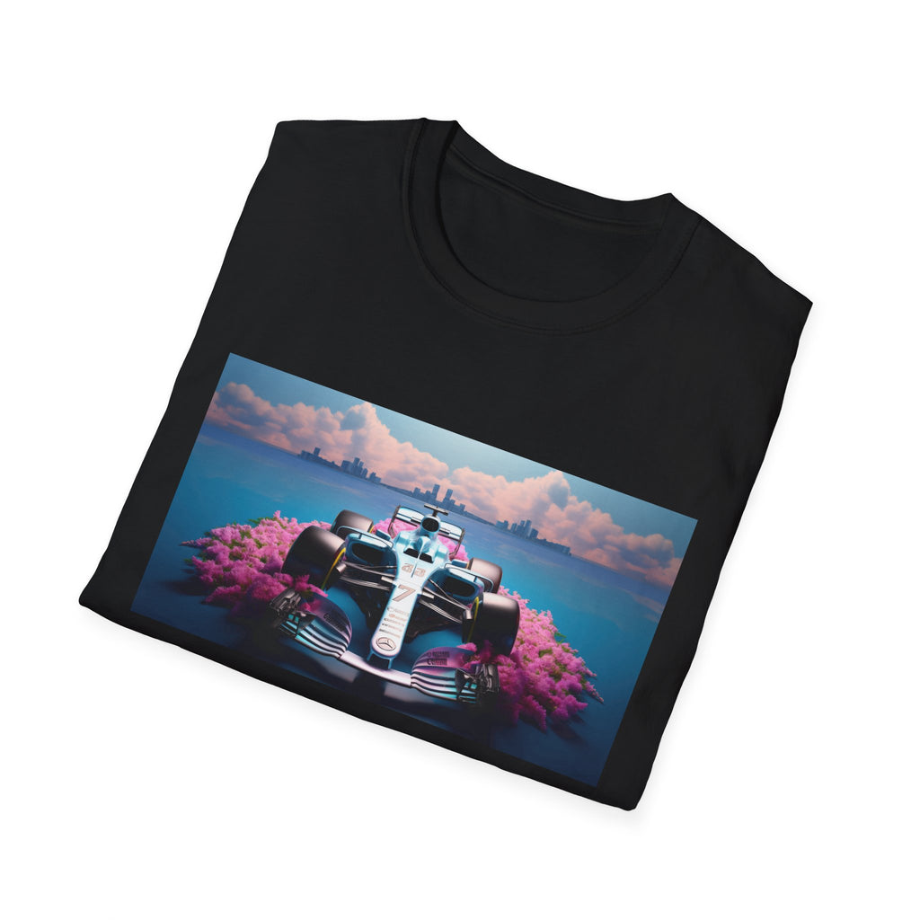 Racing Dreamscape T-Shirt — Vintage Formula Car with Cherry Blossom Track