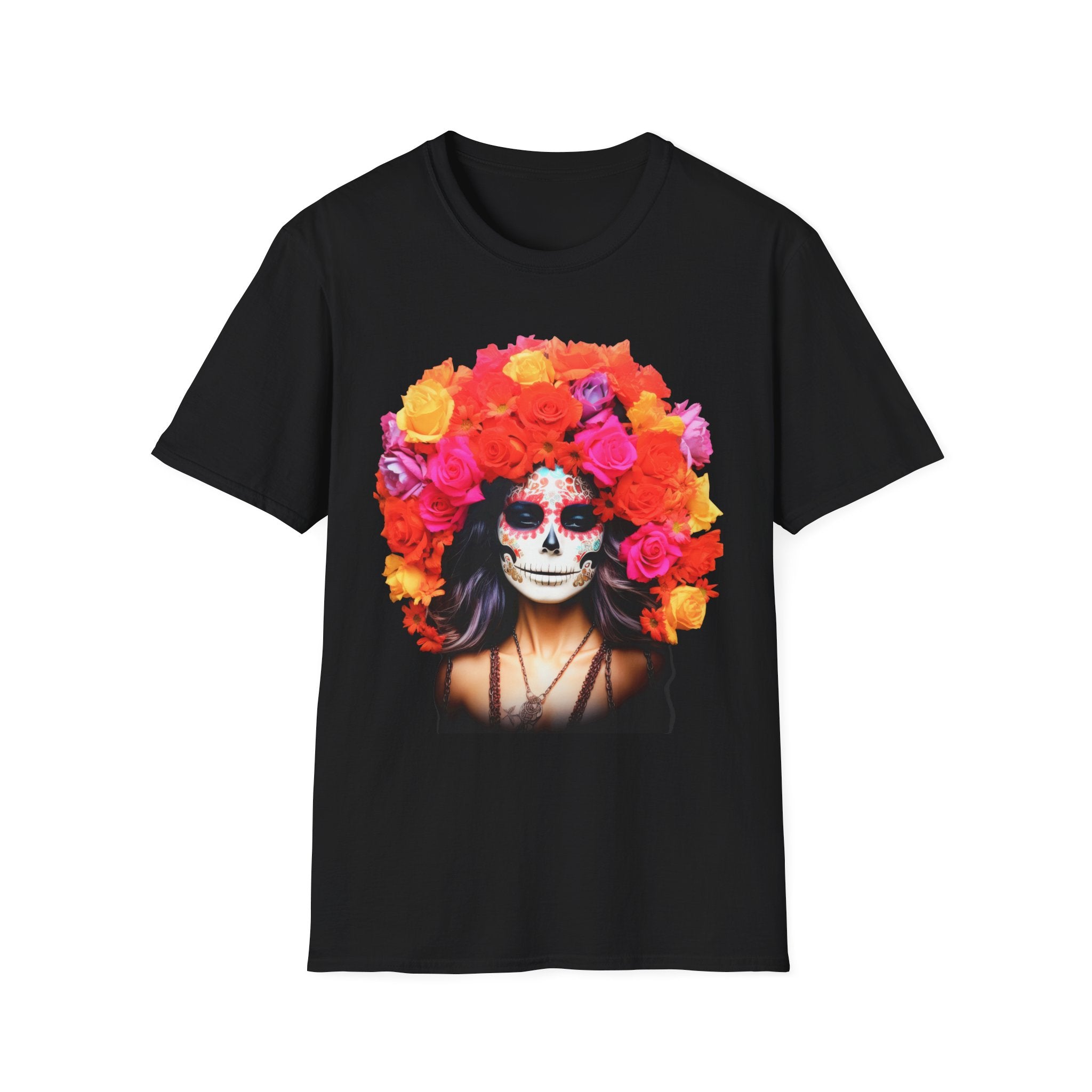 Day of the Dead Sugar Skull Woman T-Shirt — Floral Calavera Tee for Día de los Muertos